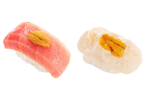 海膽鮪魚中腹與海膽貝柱，每貫80元。