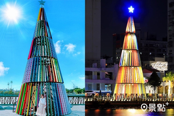 七彩聖誕樹於日夜呈現不同的樣貌與氛圍。（圖／littlestar0202、臺南市政府）