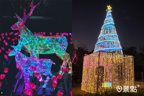 七彩炫麗的聖誕麋鹿豎立在整片花飾燈海中，一旁還有巨大的璀璨聖誕樹。（圖／hyanah28、東勢客家文化園區）