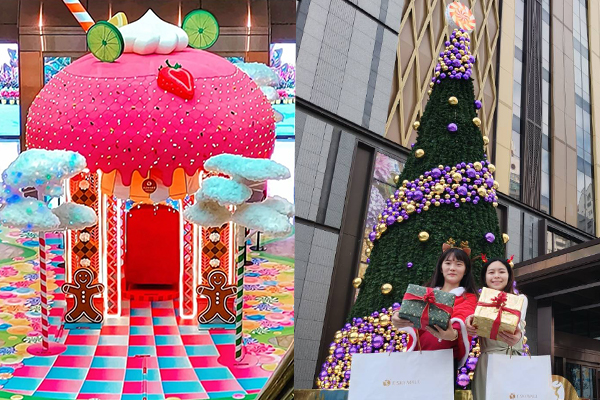 義享天地打造13米高紫金耶誕樹、巨大草莓薑餅屋，讓旅客可以拍出夢幻又可愛的美照。（圖／linedwige、義享時尚購物廣場）